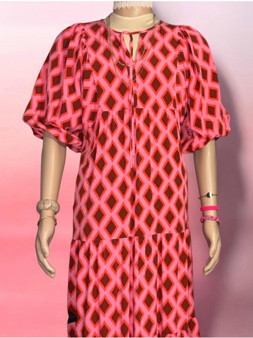 Geometric Pink Tie-Neck Maxi Dress